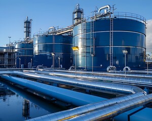 Poster - chemical plant with large storage tanks and pipelines in an industrial landscape against a blue sky
