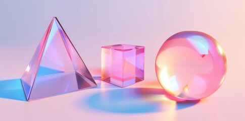 Poster - Three glass geometric shapes, triangle and cube with circle, pastel color gradient