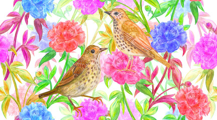 Wall Mural - watercolor seamless texture with multicolor peony flowers, colorful leaves and couple of brown birds