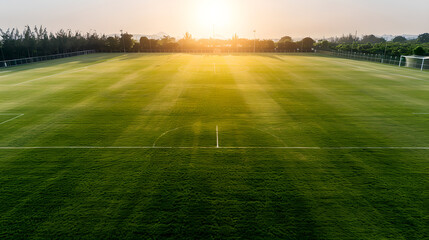 Wall Mural - Sunset over pristine soccer field with goal posts