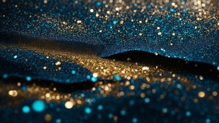 Poster - blue and gold glitter: a close-up abstract image of shimmering blue and gold glitter, showcasing a l