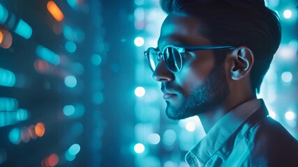 Aufkleber - A man is looking at a computer screen with a blurry background. Concept of technology and the man's focus on the screen