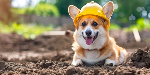 Wall Mural - Corgi in safety gear at construction project