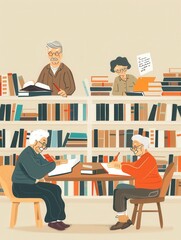 Poster - Elderly learners focus on foreign languages using textbooks and dictionaries while surrounded by bookshelves in a warm library atmosphere. Generative AI