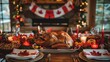 © Tatsiana - Canadian Thanksgiving or Christmas Table With Roasted Turkey, Candles, Canadian flags, Maple Leaves Decorations