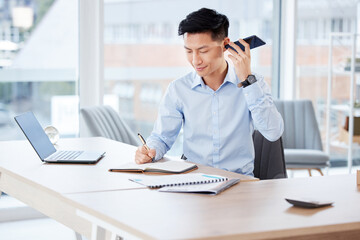 Poster - Phone call, business and Asian man writing, speaker and conversation with planning, schedule and network. Person, employee and consultant with cellphone, notebook or communication with journal or app