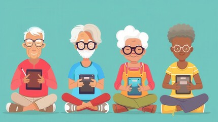 Aufkleber - Four elderly individuals joyfully explore technology while seated on a bright surface, fostering community and learning in a relaxed atmosphere. Generative AI