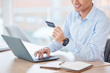 Poster - Credit card, laptop and hands of businessman in office for online stocks purchase for break in market. Cryptocurrency, finance and male person with computer for trading investment app in workplace.