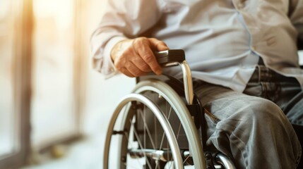 Poster - Person in a wheelchair wearing a light blue shirt in a sunlit room. Comfort and accessibility in everyday life.