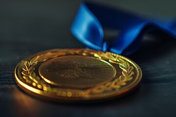  a close-up of a shiny gold medal with a blue ribbon against a dark background. Ensure the medal's intricate design is clearly visible.