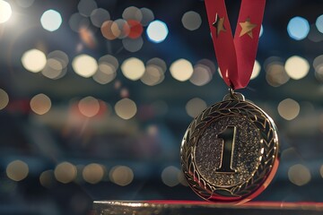  a gold medal with the number 1 placed on a podium, with a blurred audience in the background to focus on the medal.