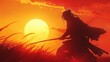 © Nicat - A samurai's silhouette poses with a sword against a sunset backdrop. Art style captures the warrior's shadow.