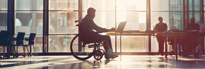 Aufkleber - Person in wheelchair working on laptop in modern office. Workplace diversity and technology use.