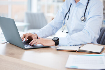 Aufkleber - Typing, laptop and hands of doctor at desk for medical report, results or diagnosis in office. Online, stethoscope and person with notebook for research, healthcare or planning treatment in hospital