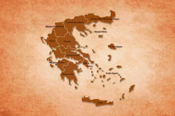 Greece Map. Greece Map with federal states in A vintage Color Texture Background