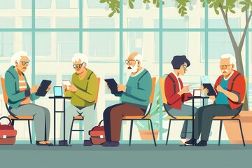 Aufkleber - Elderly individuals interact with devices while sitting comfortably, fostering connection in a vibrant indoor setting filled with natural light. Generative AI