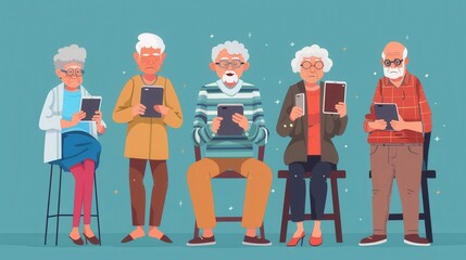 Fototapete - A group of elderly individuals is actively using various devices while seated in a lively, colorful setting. Generative AI