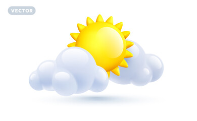 vector weather partly cloudy day illustration of cloud with sun on white background with shadow. 3d 