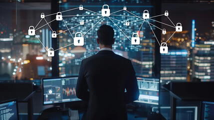Poster - Businessman analyzing cybersecurity data on screens.