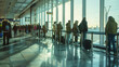 © VK Studio - Travelers stand in a long, orderly line inside a modern airport terminal, patiently waiting for their turn at the check-in counter.