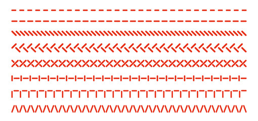 Sewing stitches line set isolated on white. Different types of thread seam pattern, classic straight, cross, overlock, fringe, zigzag. Vector clipart for seamless brush, embroidery or sewing texture.
