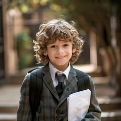 Wall Mural - A young boy with wavy hair, wearing an elegant school uniform and carrying his backpack for the first day of private elementary school