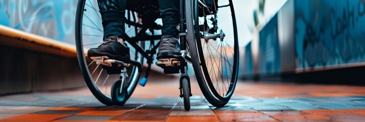 Poster - Close-up of a wheelchair on a tiled urban street. Highlighting urban accessibility and inclusion.