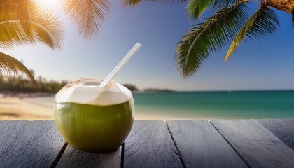 Wall Mural - Coconut Delights A refreshing coconut drink served with a straw, set against a backdrop of swaying palm trees.