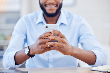 Poster - Business, mobile and hands of black man at desk for notification, social media or texting in office. Broker, networking and employee with smartphone for stock market, information or check investment