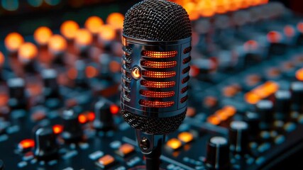 Poster - Vintage Microphone in Podcast Recording Studio with Mixing Console and Glowing Dials Creating a Warm, Professional Audio Production Ambiance