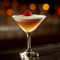 Creamy Cocktail with Raspberry Garnish in a Martini Glass on a Dark Wooden Surface.