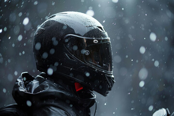 A man wearing a black helmet and goggles is standing in the snow