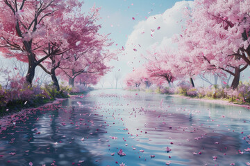 Sticker - A beautiful scene of a river with pink cherry blossoms floating on the water