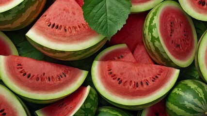 Wall Mural - Close up of fresh watermelon fruit background with leaves, top view. Photorealistic high resolution macro photography for advertising or food design.