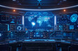 © Shahir - Network security dashboard with real-time threat alerts. Bright blue light. Futuristic command center background.