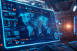 © Shahir - Network security dashboard with real-time threat alerts. Bright blue light. Futuristic command center background.