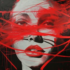 Poster - Portrait of a woman with bold red lines across her face, creating a striking and artistic look. Perfect for modern and abstract art themes.