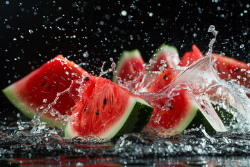 Wall Mural - A watermelon is sliced and is falling into a pool of water