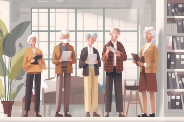 Leinwandbilder - Five elderly individuals gather in a well-lit room, attentively engaging with tablets and papers, fostering connection and sharing knowledge. Generative AI