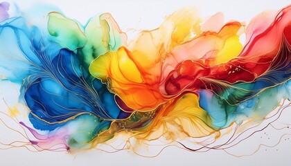 Thin strokes of colorful oil based ink on white background, abstract chaotic spots with watercolor