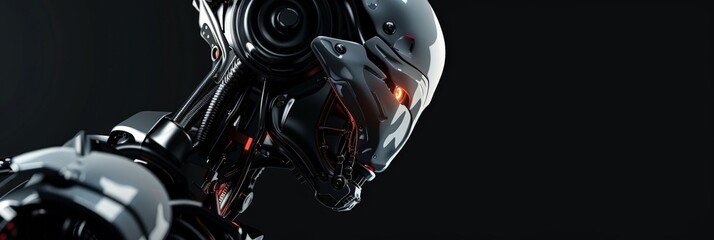 Poster - Close-up of a sleek, dark robotic head with glowing orange eye on black background. Modern robotics and artificial intelligence concept.