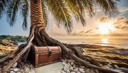 Wall Mural - Hidden Treasures A treasure chest buried beneath the roots of an ancient palm tree on a deserted island.