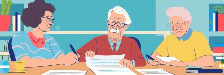 Poster - three elderly individuals are attentively reviewing documents together at a community center, sharin