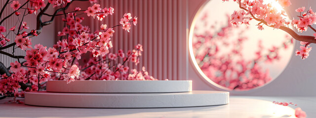 Wall Mural - Realistic abstract pink 3-D runway with flowers for showcasing merchandise. Product is demonstrated with rays of light on an empty display case. Pink background.