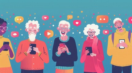 Poster - A group of elderly friends happily engage with their smartphones, sharing smiles and moments of joy in a vibrant, colorful background. Generative AI