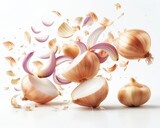 Sliced onions in mid air create dynamic and vibrant scene, showcasing their layers and textures. flying onion pieces add sense of motion and freshness to composition