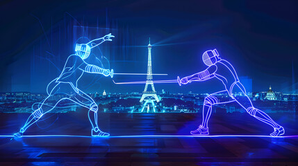 Neon Fencing Duel: Neon outline of two fencers dueling with the Eiffel Tower in the background on a dark blue background.


