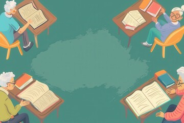 Poster - A group of elderly individuals is intently studying foreign languages with textbooks and dictionaries, fostering a love for learning in a warm atmosphere. Generative AI
