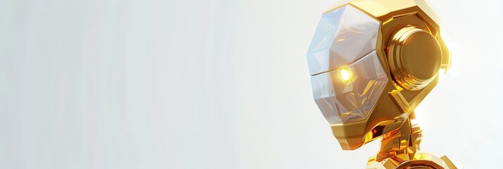Poster - Close-up of a futuristic golden robot head with geometric shapes and a glowing eye. Advanced robotics and artificial intelligence concept.