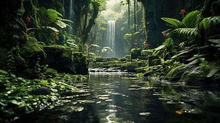 Wall Mural - A serene image of a hidden waterfall in a lush forest, with sunlight filtering  